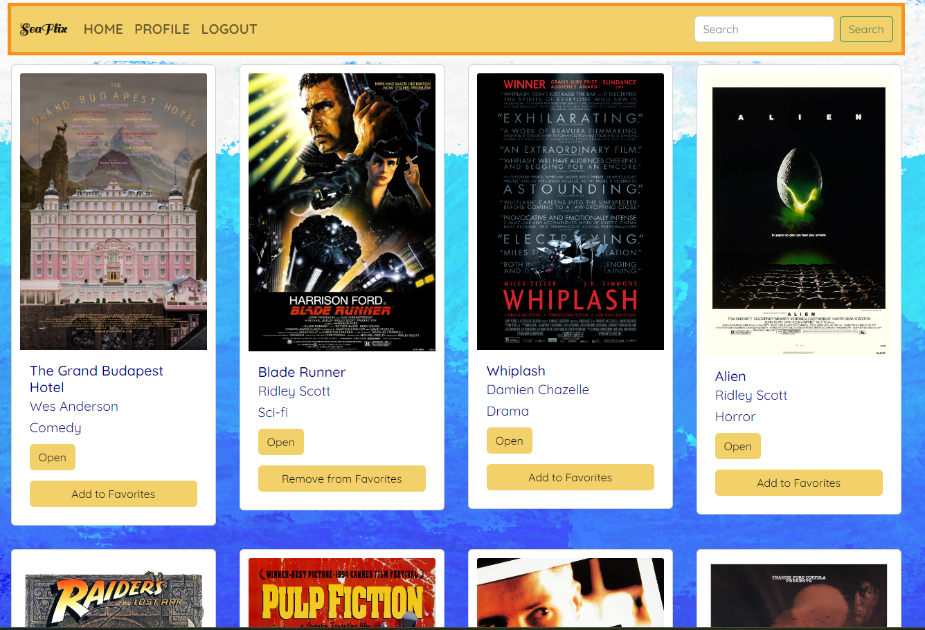 Screenshot of the SeaFlix app home page